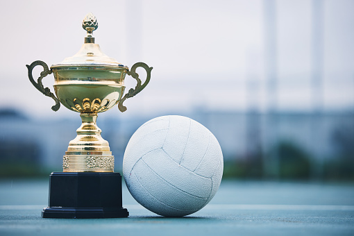 Gold, winner and sports with trophy and netball for achievement, award and championship. Celebration, fitness and victory with prize and ball on ground of court for event, competition and success