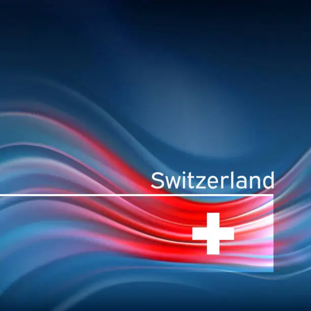 Vector illustration of Switzerland flag background. Abstract swiss flag in the blue sky. National holiday card design. State banner, switzerland poster, patriotic cover, flyer. Business brochure design. Vector illustration