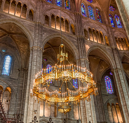 Bourges, cher, france, april 20, 2023 : great candelabra in the nave of Cathedral basilica saint Stephen