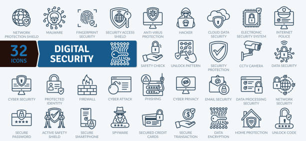 Digital Security CyberSecurity and Safety Technology icons Pack Vector. Thin line icon collection. Outline web icon set computer crime stock illustrations