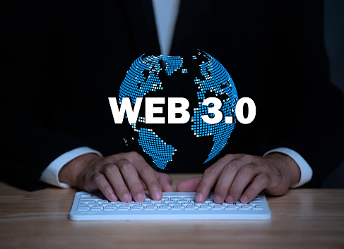 Businessman hand show web 3.0 with globe shape. Leveraging Web 3.0 Blockchain Future Technology, Global Futuristic, website development, Web 3.0 Internet Concept