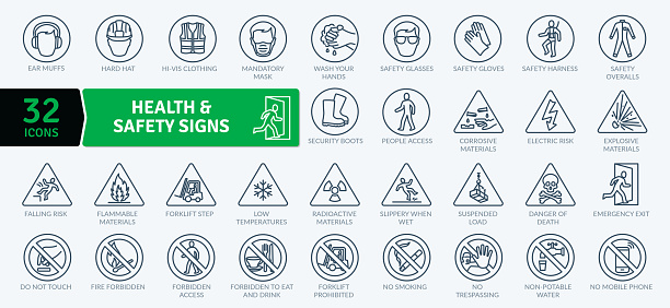 Health And Safety Signs icons Pack. Collection of thin line signal icon