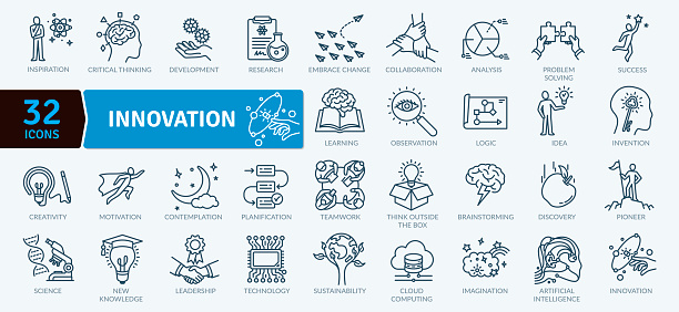 Innovation and technological future icons Pack Vector. Innovative methods for a brighter future icons pack