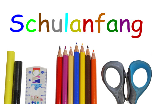 Symbol image for the start of the new school year with german word Schulanfang (Start of School)