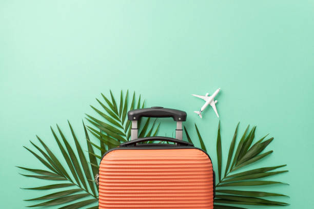 istock Get ready to explore with a stunning teal backdrop highlighting a top view of orange suitcase, miniature plane, and bunch of green palm leaves. Perfect for travel ads 1533534800