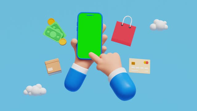 3D Hand holding mobile with green screen, Smart phone with shopping app concept. Online shopping. Online store or E-Commerce store. 4k 3d loop animation