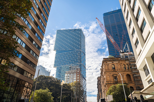 Sydney, Australia - April 17, 2022: Newly constructed Quay Quarter Tower in Sydney CBD viewed from Bridge Street on a day