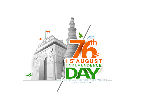 vector illustration of Independence Day of India, for 76th Independence Day of India with indian monuments sketch and Creative National Tricolor Indian flag design and flying pigeon.