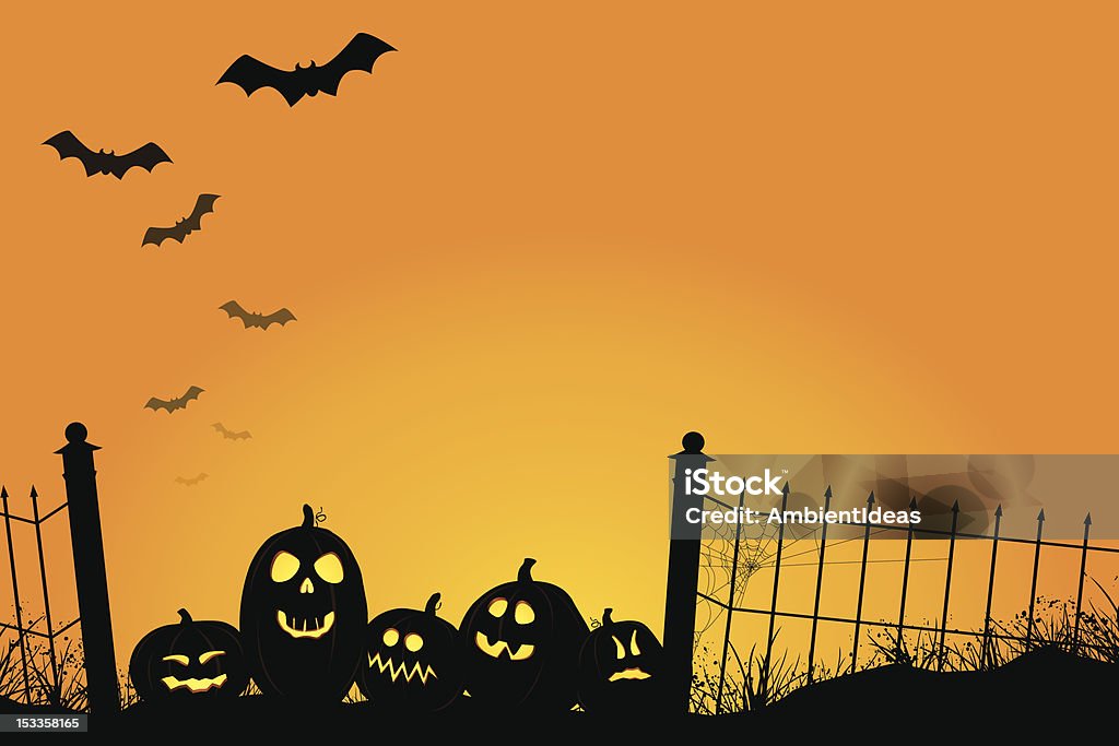 Spooky Sunset with Jack O'Lanterns and Bats Spooky Sunset with Jack O'Lanterns and Bats. Highly detailed elements on pumpkins, grasses, fence, and spiderweb. Backgrounds stock vector