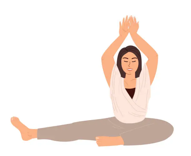 Vector illustration of Young Female Character Stretching,Realxing with Raised Hands.Relaxed Woman Engaging Yoga Practice Isolated, White Background.Woman Meditating,Practising.Pilates,Training Class.Flat Vector Illustration