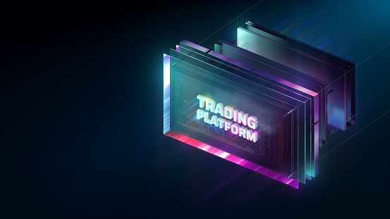 Trading platform background. Exchanging fiat and crypto currencies. Modern Web 3.0 colours. CGI 3D render