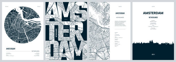 アムステルダムの旅行ポスターのセット、詳細な都市道路計画の都市地図、シルエット都市のスカイライン、ベクターアートワーク - amstel river illustrations点のイラスト素材／クリップアート素材／マンガ素材／アイコン素材