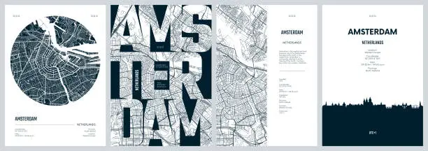 Vector illustration of Set of travel posters with Amsterdam, detailed urban street plan city map, Silhouette city skyline, vector artwork