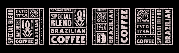 Set of template square label for coffee. Design with vintage texture. Print on black background