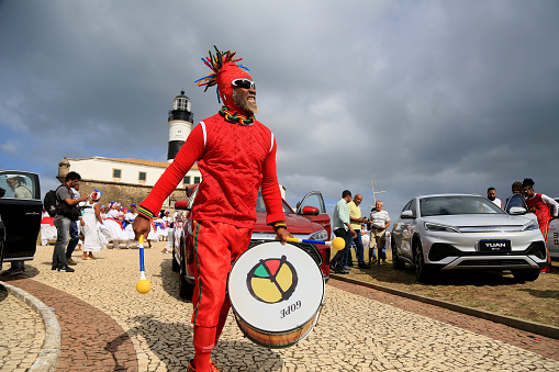 salvador, bahia, brazil - july 4, 2023: musician from the band Olodum performs at Farol da Barra during the launch of the plant of the Chinese automaker BYD, which will open a factory in the city of Camacari.