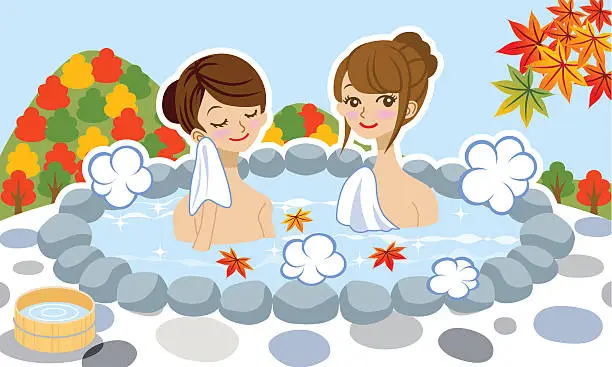 Vector illustration of Japanese hot spring in Autumn, Two young women