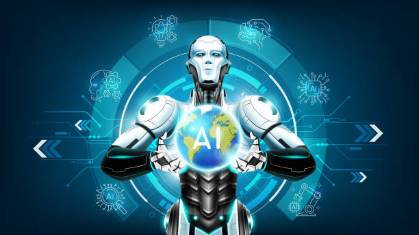 ai sztuczna inteligencja humanoid trzymający planetę ziemię pod ręką i ikona linii ai na tle technologii, koncepcja zakłóceń technologicznych świata sztucznej inteligencji, ilustracja wektorowa - chat gpt stock illustrations