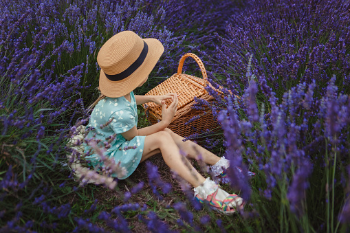 a girl in a hat with a basket in a lavender field