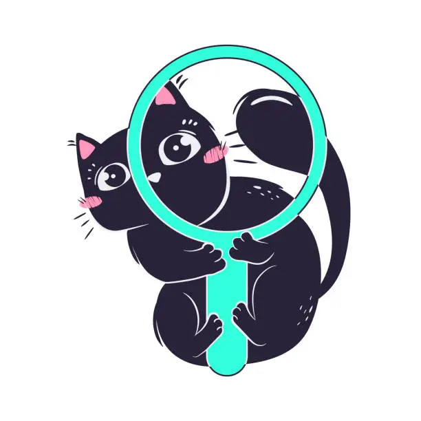 Vector illustration of simple funny cat holds a magnifying glass, looks through it looking for an answer