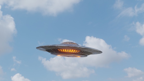 Unidentified Flying Object UFO. Spaceship Hovering. Flying saucer.