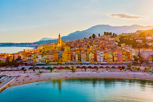 colorful old town Menton on the french Riviera, France. Drone aerial view over Menton France Europe.