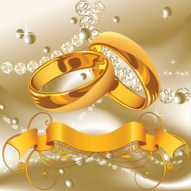 Vector illustration of Wedding card with gold rings, silk banner and diamond jewelry