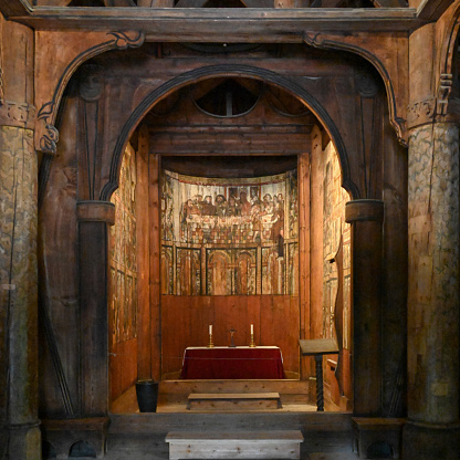 Oslo, Norway, July 6, 2023 - Chancel of Gol Stave Church in Norway.