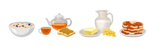 Vector illustration of Breakfast Food with Porridge Bowl, Teapot, Milk Jug and Pancakes Vector Set