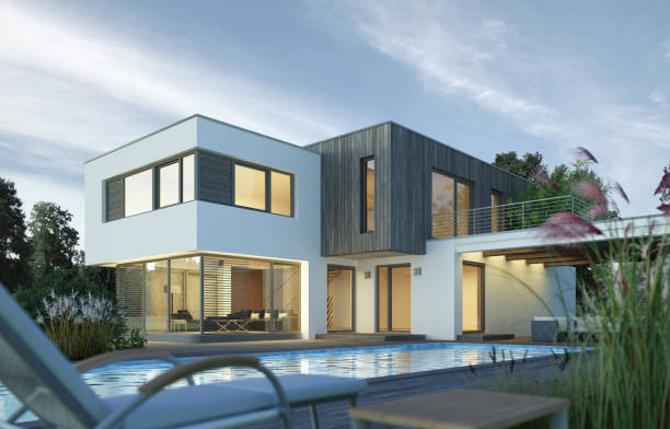 istock Modern cubic villa with pool in the evening 1533673878