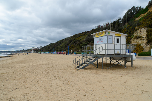 Bournemouth, UK - March 26th 2023: RNLI Life Guard Post on the beach.