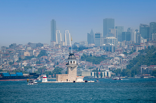 Istanbul, Turkey : July 11, 2023: Kiz Kulesi to Bosphorus in day, Istanbul, Turkey