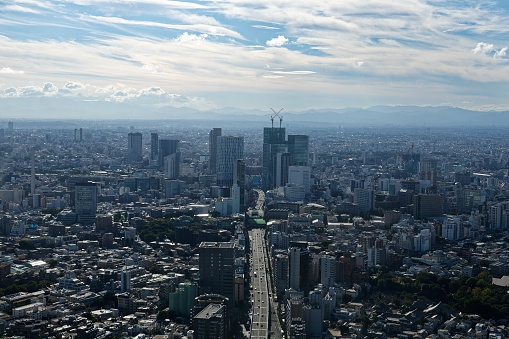 Aerial panorama of Downtown Tokyo at afternoon, with view of high-rise towers clustering in Shibuya area and an arterial highway stretching among crowded buildings out to distant horizon in hazy dusk