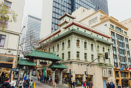 March 18, 2023: walking the Chinatown of San Francisco, California with stores, hotels, restaurants and traditional boutiques