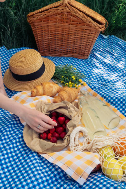istock Delightful picnic spread: croissants, strawberries, lemonade on checkered blanket. 1533726991