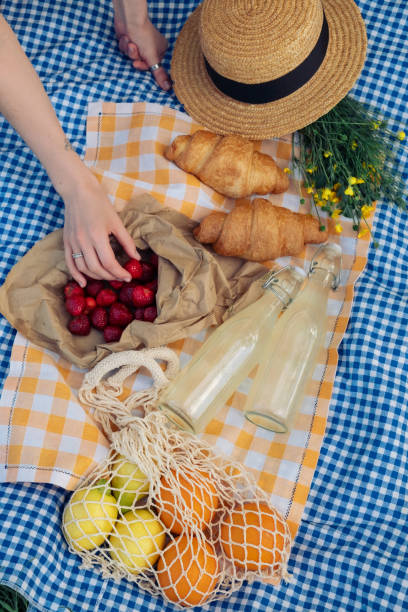 istock Enjoying a picnic: croissants, strawberries, lemonade on checkered blanket 1533727408