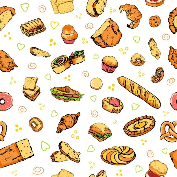 Vector illustration of Colored hand drawn bread and bakery pattern