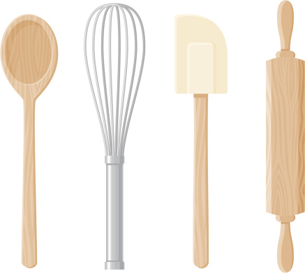 A set of 4 baking implements: a wooden spoon, whisk, rolling pin and rubber spatula. No gradients were used when creating this illustration.