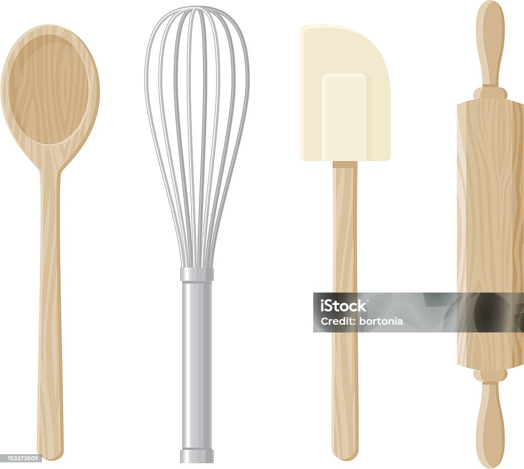 Baking Tools Icon Set A set of 4 baking implements: a wooden spoon, whisk, rolling pin and rubber spatula. No gradients were used when creating this illustration. Wooden Spoon stock vector