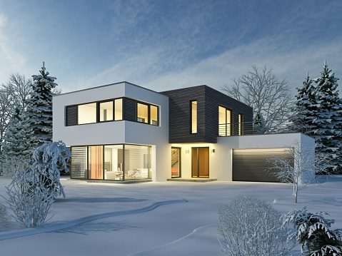 3d rendering of a modern cubic villa with garage in winter in the evening