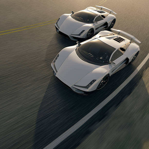 Two white street cars having a competition on the road Two sports car racing on the open road in the morning light. The cars are designed and modelled by myself. Very high resolution 3D render composite. All markings are ficticious. street racing stock pictures, royalty-free photos & images