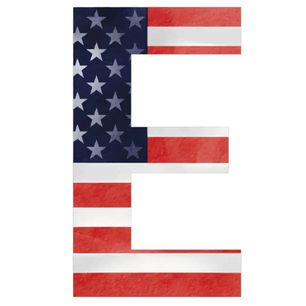Vector illustration of Letter E  hand painted USA alphabet text with United state of  America  flag inside  watercolor  brush paint isolate on white background. Vector illustration