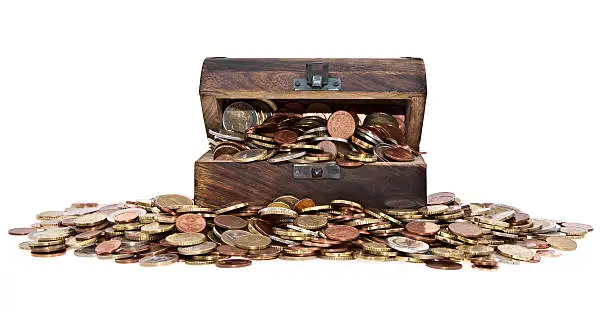 Treasure with Euro-Coins (total view) isolated on white background