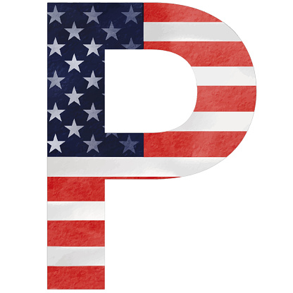 Letter P  hand painted USA alphabet text with United state of  America  flag inside  watercolor  brush paint isolate on white background. Vector illustration