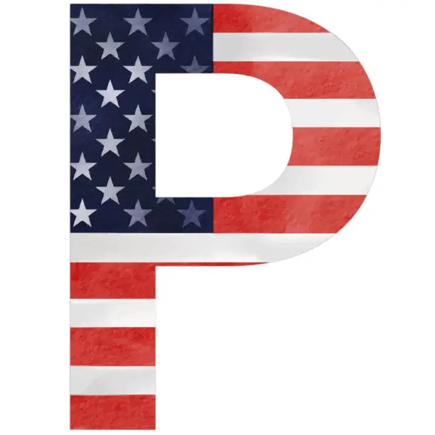 Vector illustration of Letter P  hand painted USA alphabet text with United state of  America  flag inside  watercolor  brush paint isolate on white background. Vector illustration