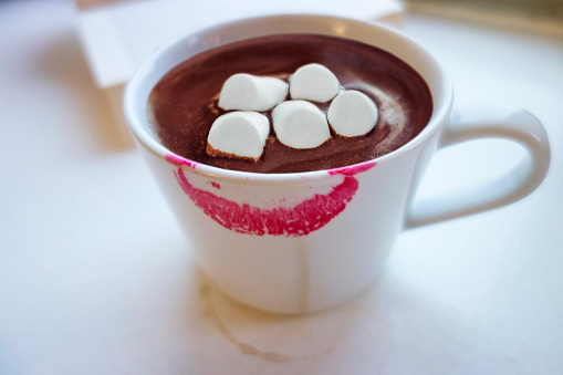 Hot chocolate and marshmallow with lipstick kiss