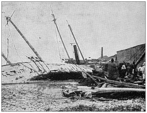 Antique image from British magazine: West Indies, Wharf in Barbados, Wrecked by the storm