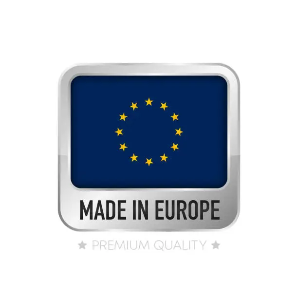 Vector illustration of Made in Europe label. Flat isolated stamp made in EU. 100 percent quality. Quality assurance concept. Vector illustration.