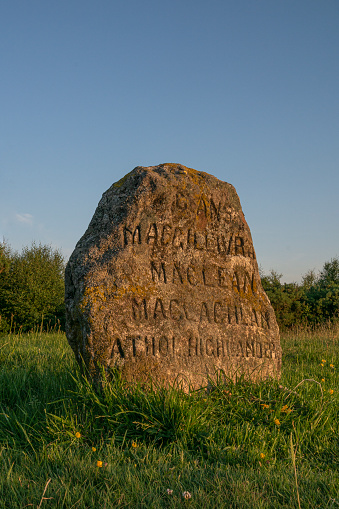 Clan stone of the Clan MacClean at the historic battlefield at Culloden, Scotland