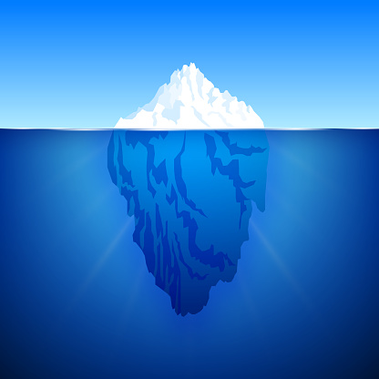 Floating iceberg. Ice frozen mountain landscape. Huge white block of ice drifts along blue current with massive underwater breakaway from northern antarctic coast. Vector illustration