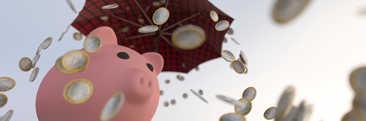 Pink piggy bank with an umbrella saving for a rainy day concept 3d render